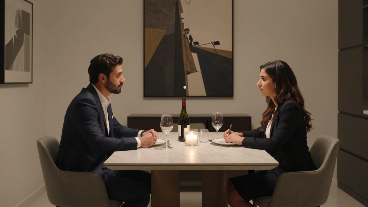 A man and woman share a quiet dinner at a minimalist table in Dubai, candlelight highlighting thoughtful conversation.