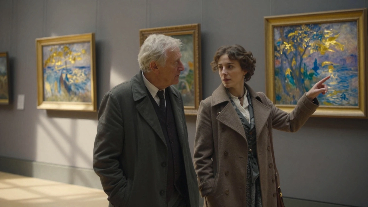 A man and woman walk through the Musée d&#039;Orsay, admiring paintings in quiet companionship.