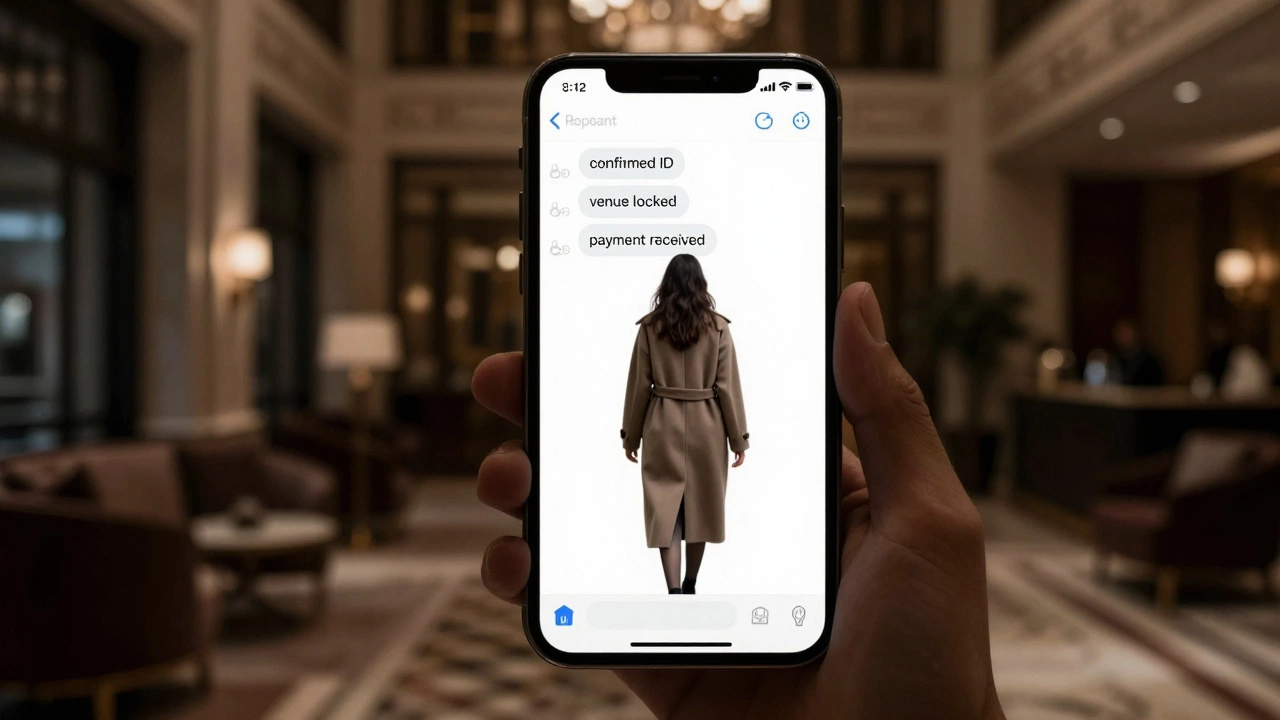 An encrypted messaging app glows on a smartphone in a dark room, hinting at discreet arrangements in Dubai.