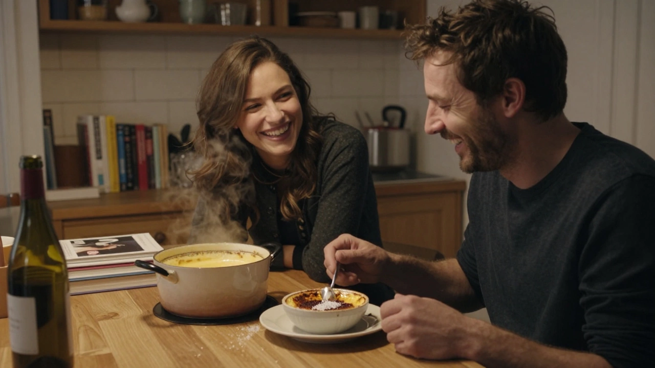 Two people laugh in a Parisian kitchen after attempting to make crème brûlée together.
